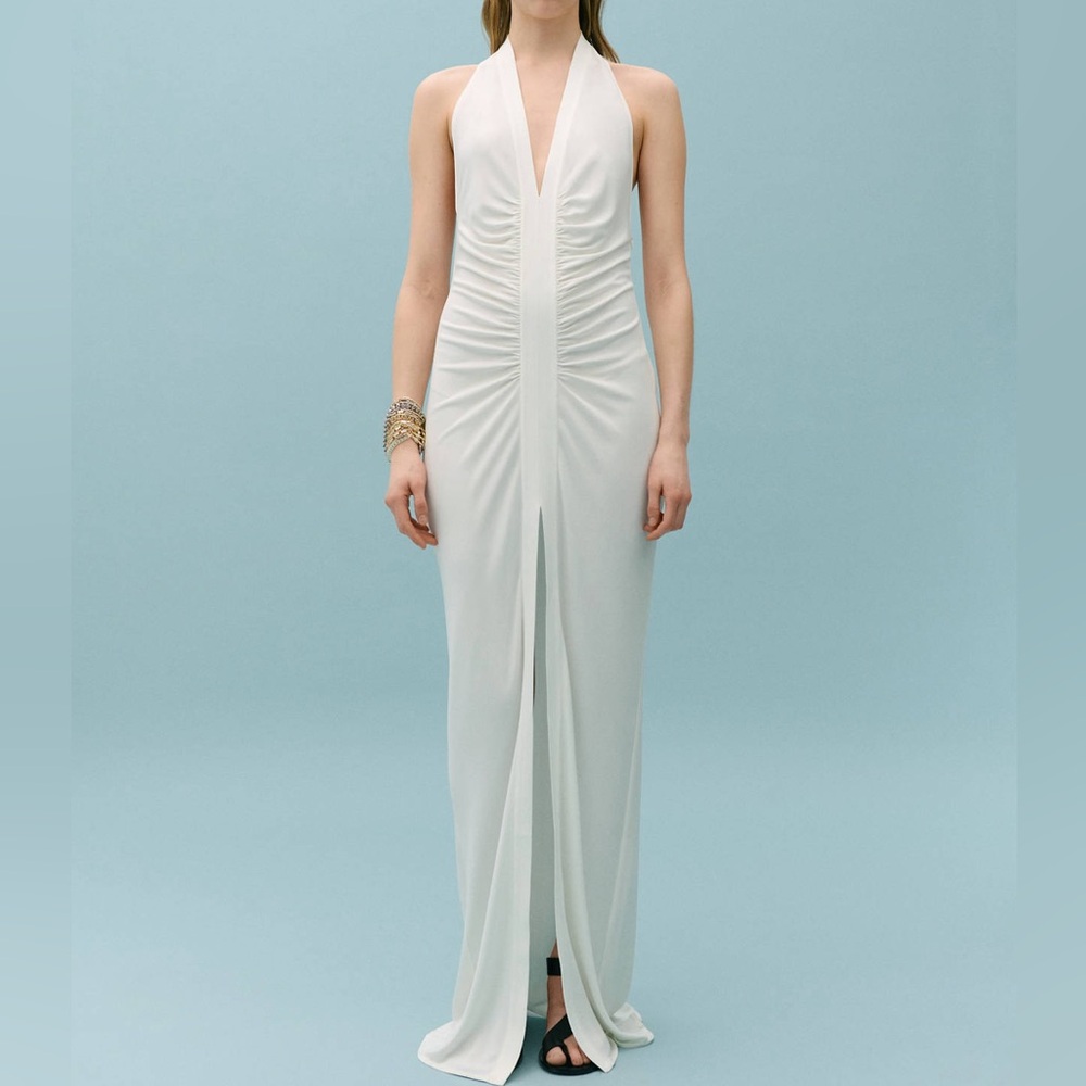 Mango MNG - white ruched v neck split front halter open back maxi dress